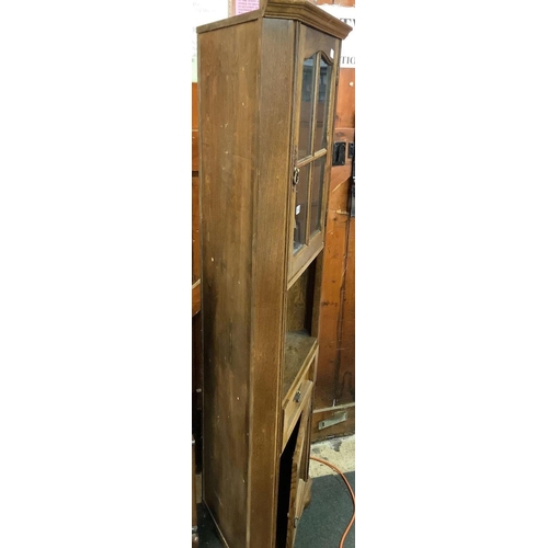 196 - STRESSED OAK CORNER DISPLAY CABINET, 6ft TALL