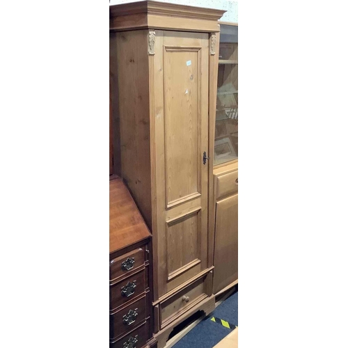 202 - NARROW STRIPPED PINE CUPBOARD WITH SHELVING & DRAWER, 22'' WIDE X 6ft TALL APPROX