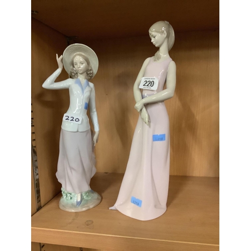 220 - 2 TALL LLADRO FIGURINES OF LADIES WITH BOXES