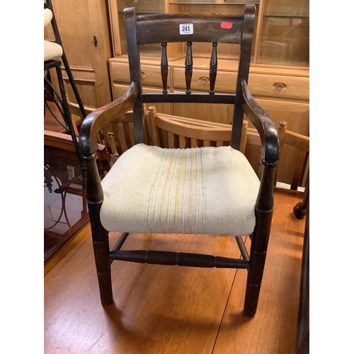 241 - SMALL OAK & UPHOLSTERED CHILD'S CARVER CHAIR & AN OAK STRING SEATED STOOL