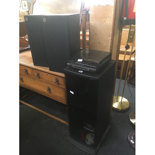 248 - SMALL BLACK ASH EFFECT CABINET WITH SMOKED GLASS DOOR & SONY RECORD DECK PLUS TANNOY SPEAKERS