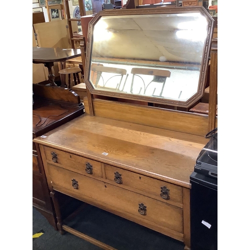 249 - OAK DRESSING TABLE WITH TILTING BEVELLED EDGE MIRROR & 3 DRAWERS