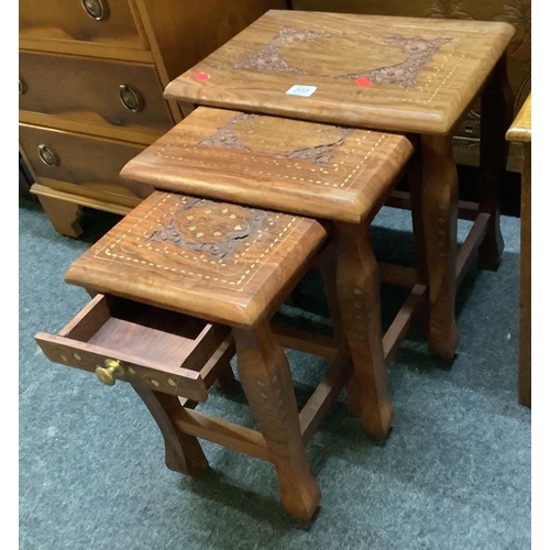 272 - NEST OF 3 INDIAN CARVED WOOD TABLES WITH INTRICATE BRASS INLAY