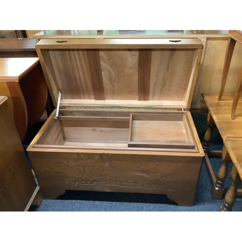 273 - ORIENTAL CARVED CAMPHOR WOOD CHEST WITH HINGED LID & TRAY INSIDE