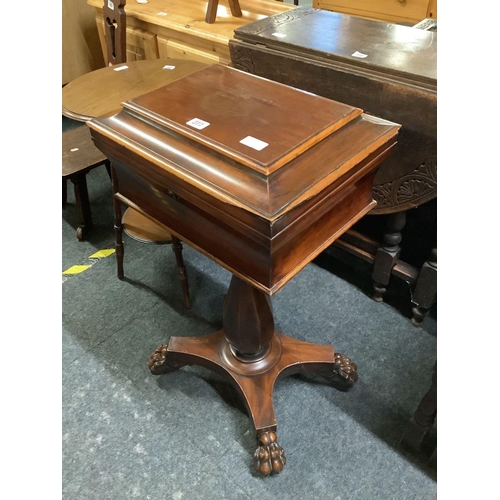 277 - REGENCY MAHOGANY VELVET LINED BOX WITH HINGED LID WITH CARVED MAHOGANY PEDESTAL & LION CLAW FEET