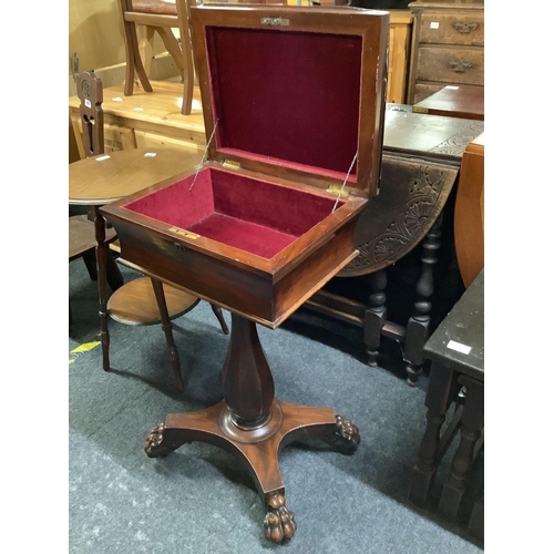 277 - REGENCY MAHOGANY VELVET LINED BOX WITH HINGED LID WITH CARVED MAHOGANY PEDESTAL & LION CLAW FEET