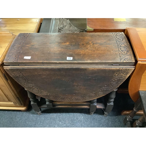 278 - ANTIQUE CARVED OAK GATE LEG TABLE WITH DROP FLAPS, 30'' X 12'' EXTENDING TO 39'' APPROX