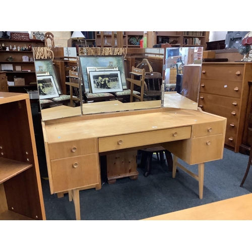 283 - VINTAGE PLYWOOD DRESSING TABLE WITH ADJUSTABLE TRIPLE MIRROR TO BACK, 51'' WIDE BY MEREDEW FURNITURE