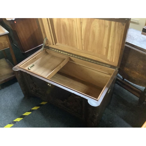 293 - HEAVILY CARVED VINTAGE DARK WOOD CAMPHOR CHEST WITH HINGED LID & HEAVY BRASS LOCK & KEY, 40'' WIDE