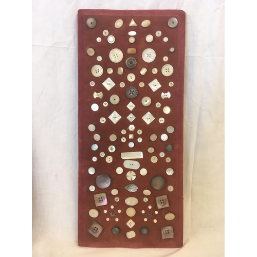 300 - 3 PLUSH VELVET DISPLAY BOARD OF 19 PATTERNED JET BUTTONS, 9 BRASS BUTTONS & NUMEROUS M.O.P BUTTONS