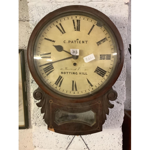 313 - MAHOGANY PENDULUM WALL CLOCK BY C PATIENT OF NOTTING HILL (NO PENDULUM OR KEY)