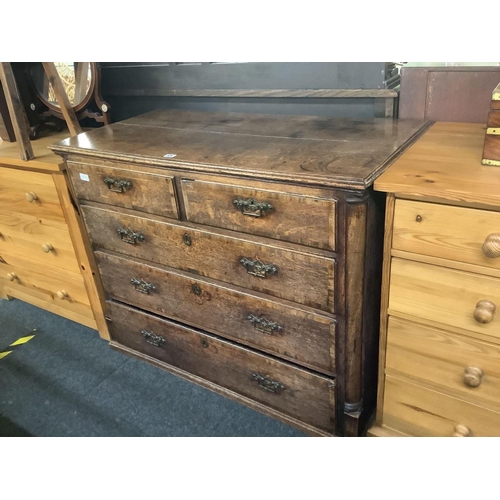 325 - ANTIQUE OAK & MAHOGANY VENEERED CHEST OF 3 LONG & 2 SHORT DRAWERS WITH BRASS DROP HANDLES ETC