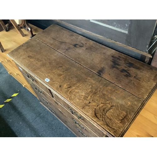 325 - ANTIQUE OAK & MAHOGANY VENEERED CHEST OF 3 LONG & 2 SHORT DRAWERS WITH BRASS DROP HANDLES ETC