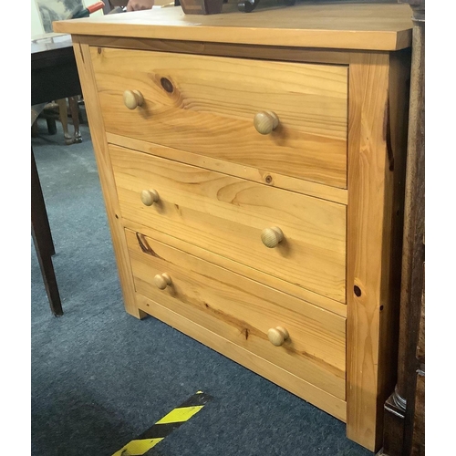 328 - STRIPPED PINE CHEST OF 3 LONG DRAWERS, 33'' WIDE