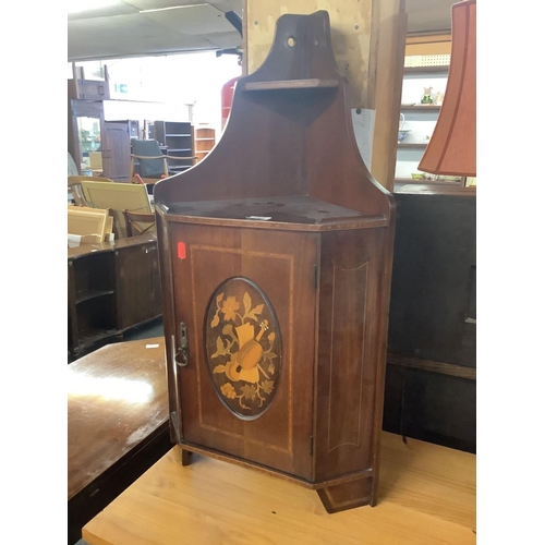 330 - EDWARDIAN INLAID MAHOGANY CORNER WALL CUPBOARD