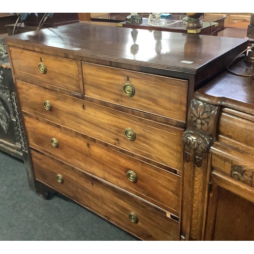 336 - EDWARDIAN INLAID MAHOGANY CHEST OF 3 LONG & 2 SHORT DRAWERS WITH BRASS DROP HANDLES, 40'' WIDE