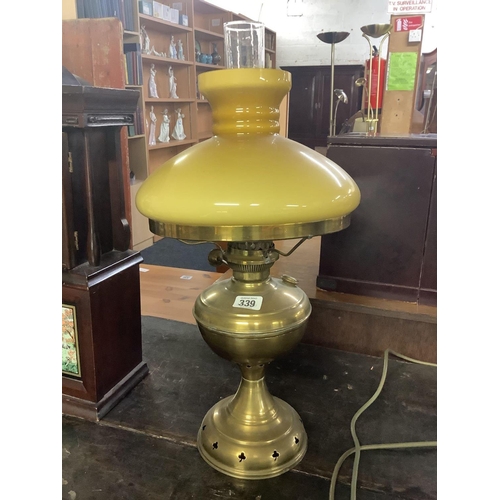 339 - MODERN BRASS & GLASS OIL LAMP & SHADE