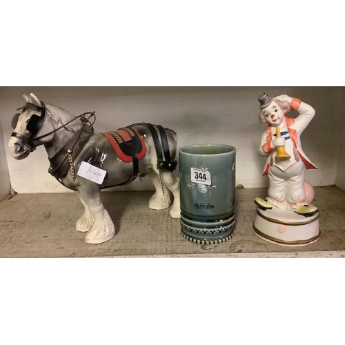 344 - CHINA CART HORSE, MUSICAL MUG & CLOWN