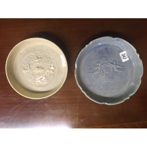 347 - 2 CHINESE BOWLS, 1 DECORATED WITH ANIMALS & BIRDS, THE OTHER WITH ANGELS ETC