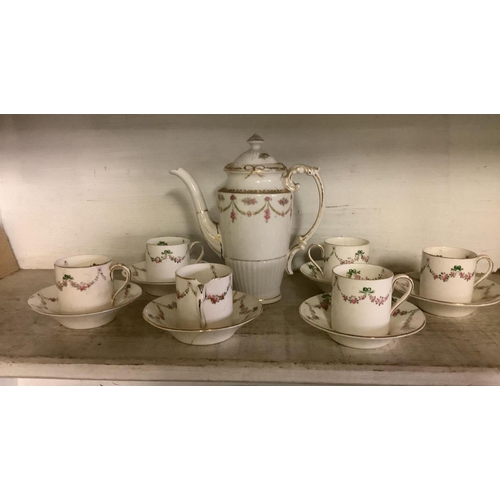 351 - CROWN STAFFORDSHIRE COFFEE SET, SOME CHIPS & CRACKS & SIMILAR COFFEE POT UNDAMAGED