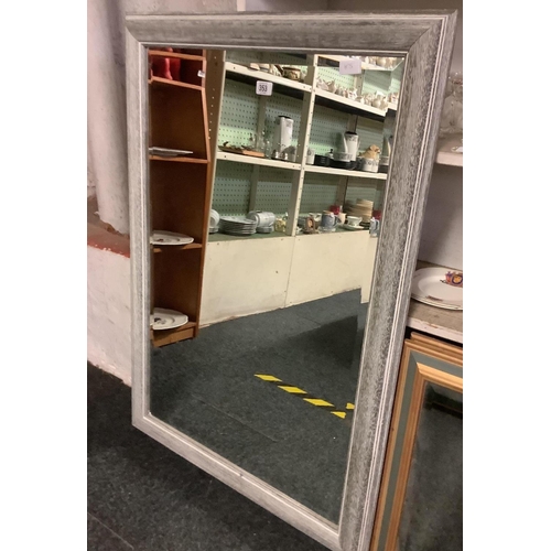 353 - LARGE RECTANGULAR BEVELLED EDGE MIRROR WITH LIMED GREY FRAME, 40'' X 29'' OVERALL