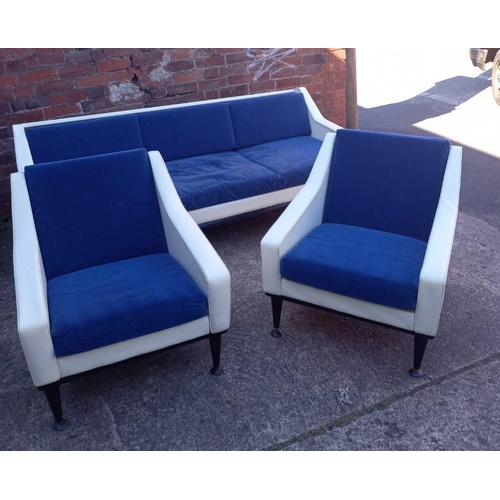 357 - VINTAGE 1960'S 3 SEATER SOFA BED WITH 2 MATCHING ARMCHAIRS BY STONEHILL FURNITURE IN PVC WITH DARK B... 