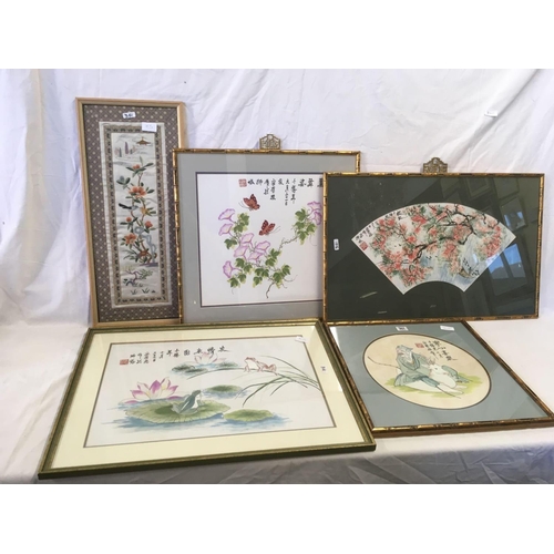 361 - 4 LARGE FRAMED CHINESE PAINTINGS & A SILK EMBROIDERY OF BIRDS & TREES