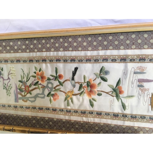 361 - 4 LARGE FRAMED CHINESE PAINTINGS & A SILK EMBROIDERY OF BIRDS & TREES