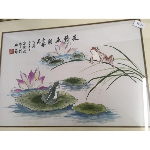 361 - 4 LARGE FRAMED CHINESE PAINTINGS & A SILK EMBROIDERY OF BIRDS & TREES