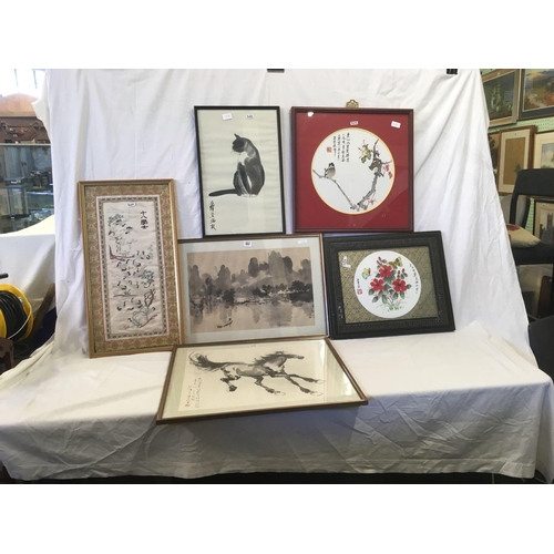 362 - 5 FRAMED CHINESE PICTURES & A CHINESE SILK EMBROIDERY OF STORKS