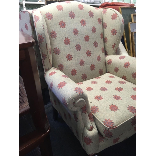 363 - UPHOLSTERED HIGH BACK WING ARMCHAIR