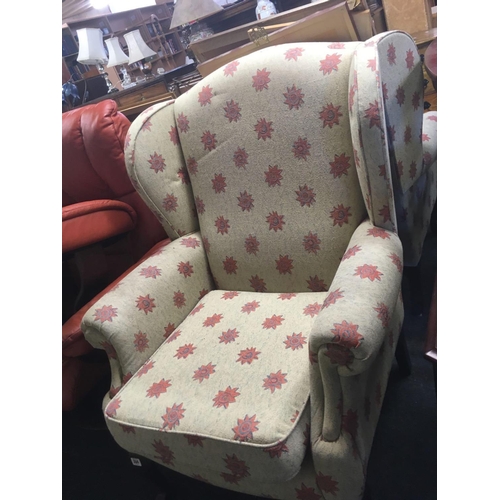 364 - UPHOLSTERED HIGH BACK WING ARMCHAIR