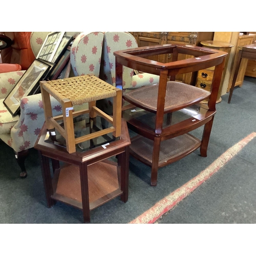 365 - MAHOGANY GLASS TOP TABLE & A TABLE MINUS GLASS WITH WICKER SHELF UNDER, STRING TOP STOOL & HEXAGONAL... 