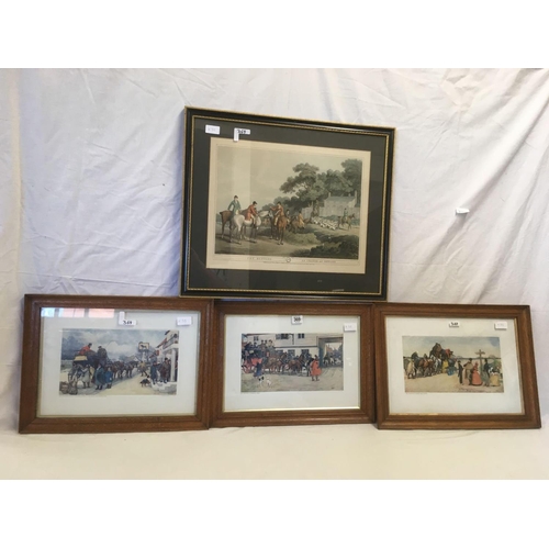 369 - 3 FRAMED COACHING PRINTS & A HUNTING PRINT