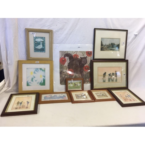 370 - 3 FRAMED PRINT PICTURES & A MOUNTED PRINT OF A CAT