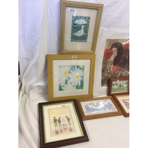 370 - 3 FRAMED PRINT PICTURES & A MOUNTED PRINT OF A CAT