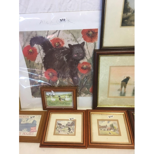 370 - 3 FRAMED PRINT PICTURES & A MOUNTED PRINT OF A CAT