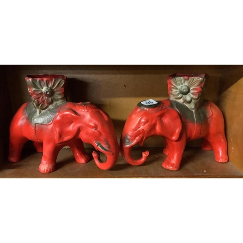 375 - MATCHING PAIR OF RED POTTERY ELEPHANT PLANTERS/VASES