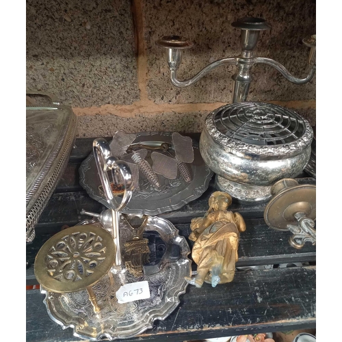 38 - SHELF WITH QTY OF MISC BRASS & PLATEDWARE INCL; BRASS GOBLETS, 3 BRANCH CANDLESTICK