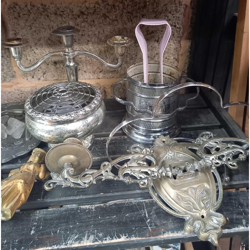 38 - SHELF WITH QTY OF MISC BRASS & PLATEDWARE INCL; BRASS GOBLETS, 3 BRANCH CANDLESTICK