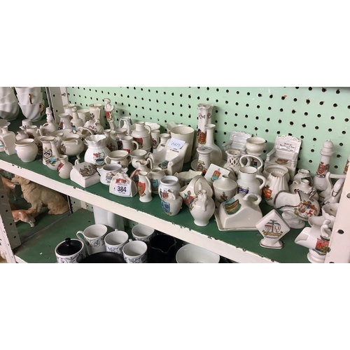 384 - SHELF OF APPROX 50 VARIOUS MINIATURE CRESTED WARE PIECES