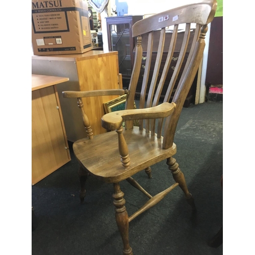 407 - HIGH BACKED BEECH WINDSOR CHAIR, REPAIRED