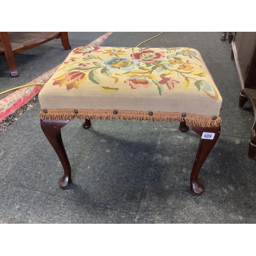 409 - MODERN MAHOGANY STOOL WITH FLORAL EMBROIDERED UPHOLSTERED SEAT