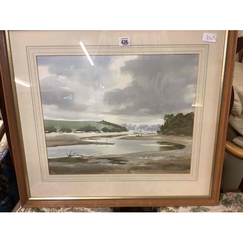 426 - WOOD FRAMED MOUNTED & GLAZED WATERCOLOUR OF A RIVER SCENE BY RON RANSON, UNTITLED