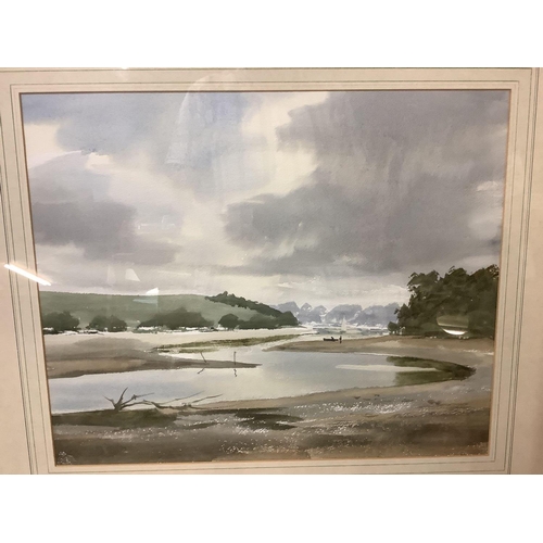 426 - WOOD FRAMED MOUNTED & GLAZED WATERCOLOUR OF A RIVER SCENE BY RON RANSON, UNTITLED