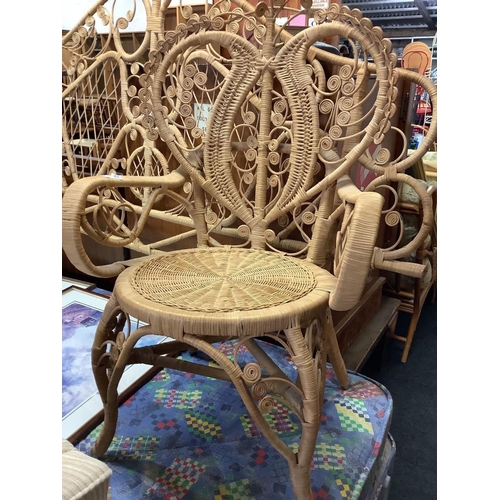 430 - DECORATIVE RATTAN CARVER STYLE CHAIR WITH HEART SHAPED BACK & A MATCHING DOUBLE HEADBOARD