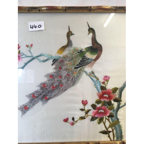 440 - LARGE CHINESE SILK EMBROIDERED PICTURE OF BIRDS & A SIMILAR SMALLER ONE