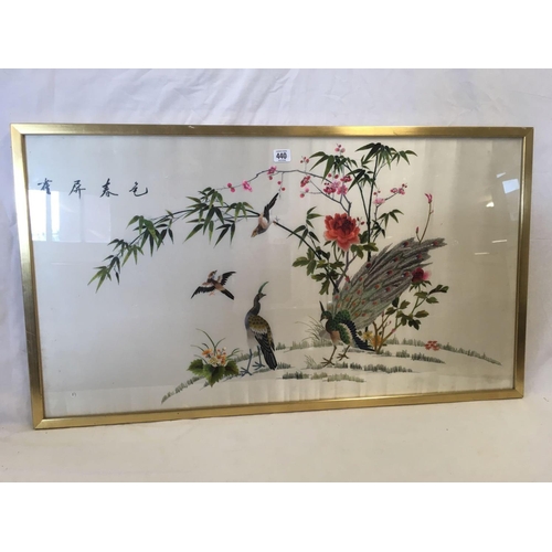 440 - LARGE CHINESE SILK EMBROIDERED PICTURE OF BIRDS & A SIMILAR SMALLER ONE