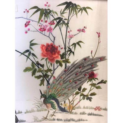 440 - LARGE CHINESE SILK EMBROIDERED PICTURE OF BIRDS & A SIMILAR SMALLER ONE