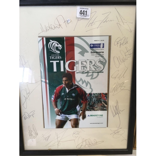 441 - 2 LEICESTER MATCH TIGERS PROGRAMMES SIGNED BY THE TEAM, A PEN & INK DRAWING SIGNED HASSALL, A SMALL ... 